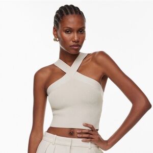 Aritzia Babaton Sculpt Knit Criss Cross Crop Top Beige XS Fitted